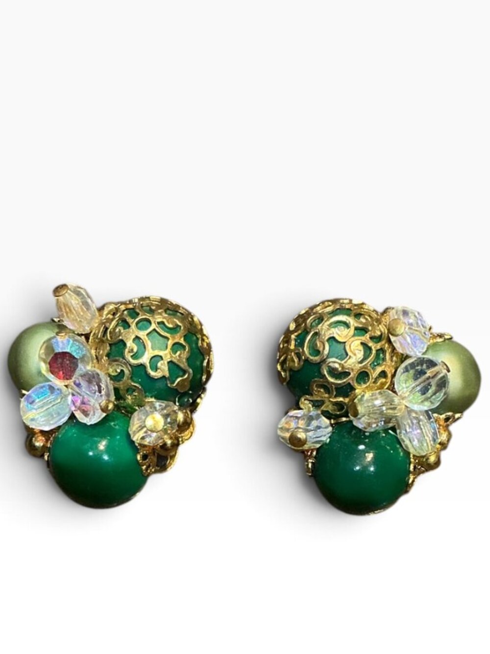 Vintage Green Bead Cluster Clip On Earrings Gold Tone Filigree AB Crystals